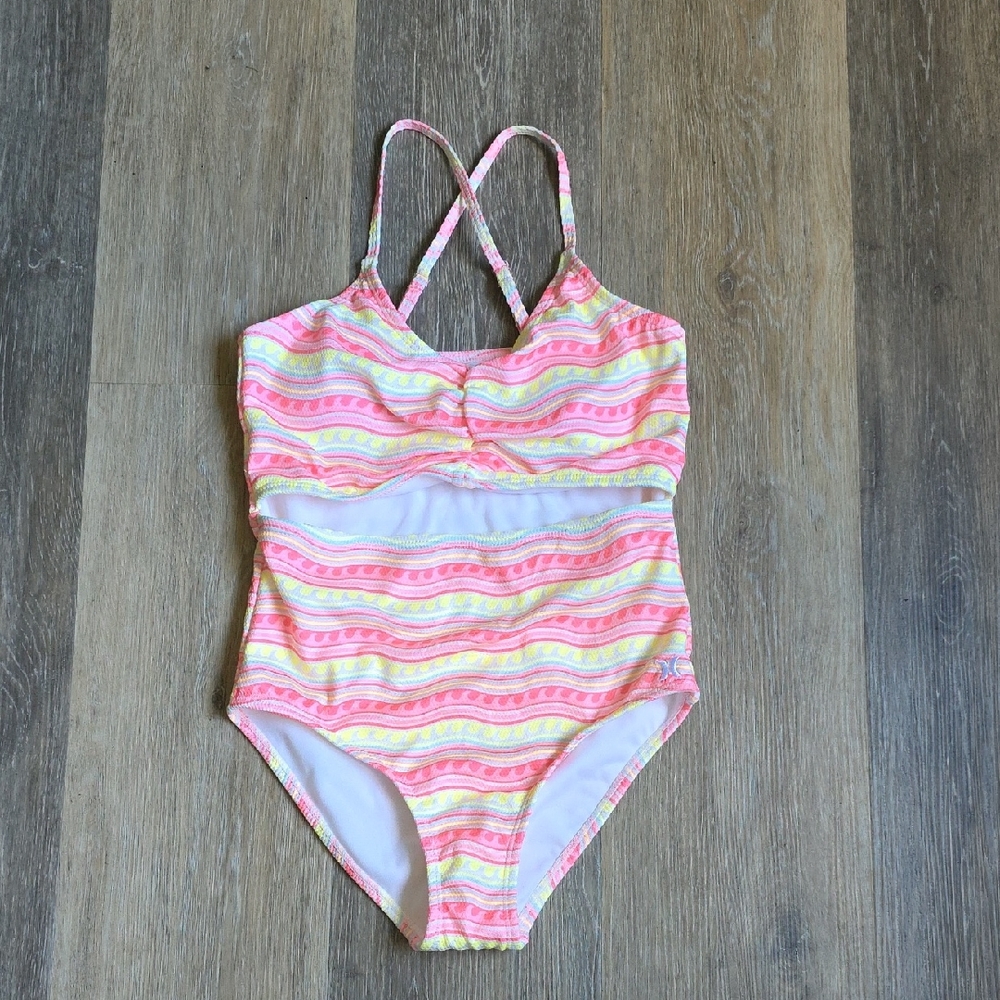 NWOT Hurley Pink Yellow Multi-Stripe Girls One-Piece Swimsuit